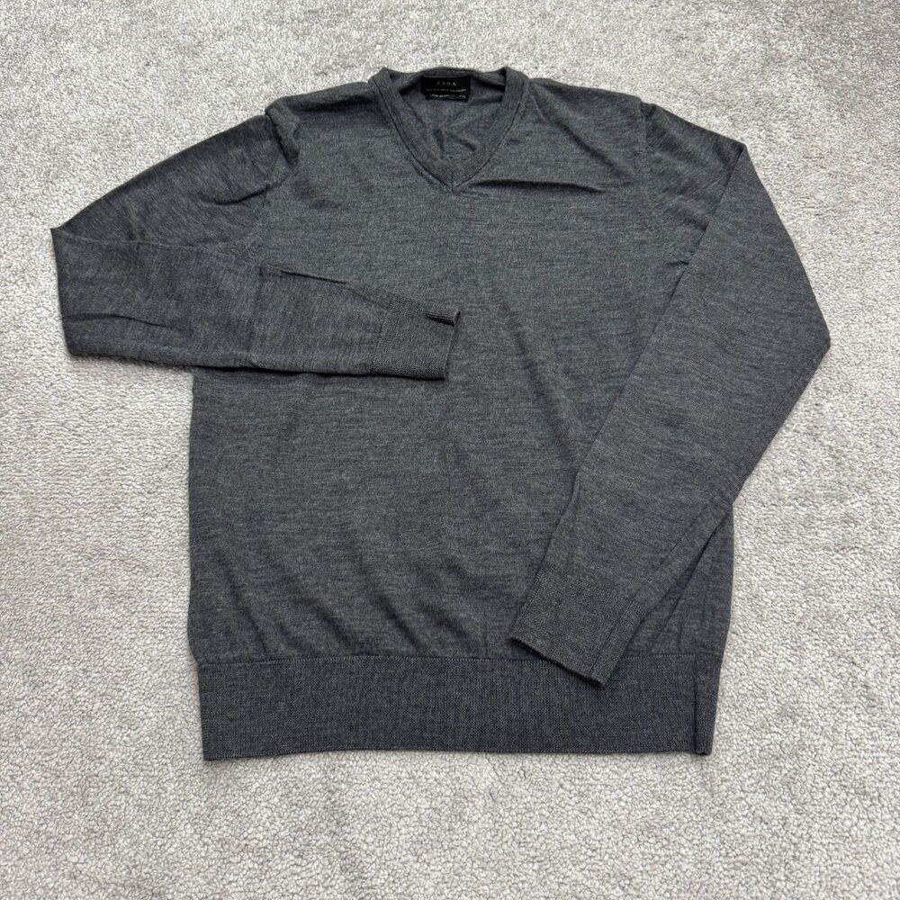 Zara Extra Fine Wool Pullover Sweater Mens Medium Dark Gray V-Neck Knit Classic